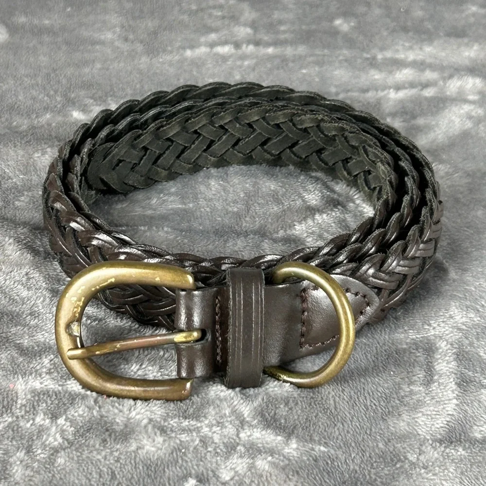 Dark Brown Braided Woven Genuine Leather Belt Brass Buckle M L